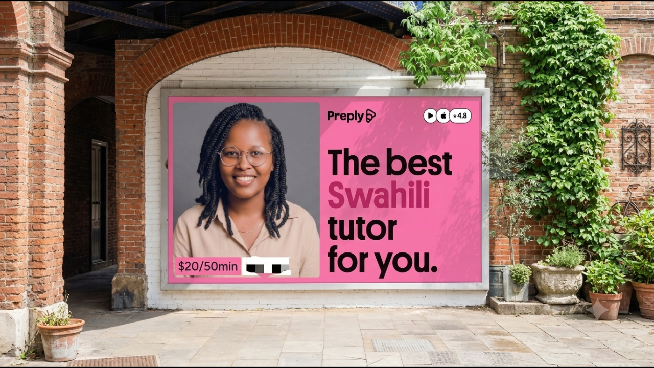 A Preply promotional graphic for Joy Wanjiku’s tutor profile, headlined “The best Swahili tutor for you.”, mocked up on a billboard — the portrait on it is her studio photograph